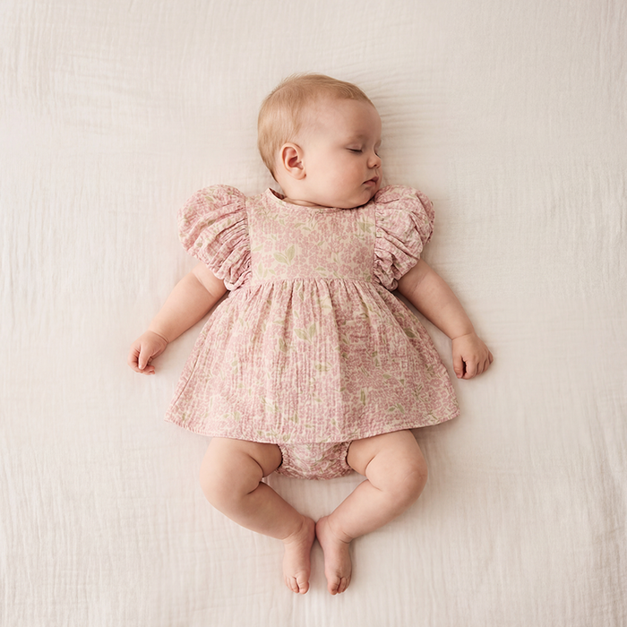 Petit Playa Organic Cotton Maya Romper Dress in Peony print, breathable organic cotton clothing for babies and girls — image 5