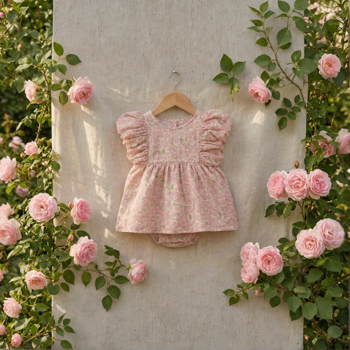 Petit Playa Organic Cotton Maya Romper Dress in Peony print, breathable organic cotton clothing for babies and girls — image 7