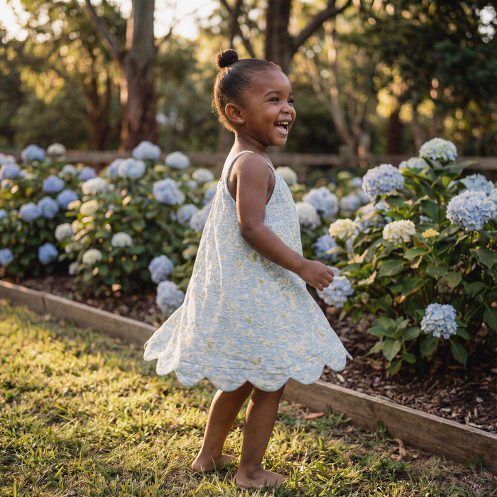 Petit Playa Organic Cotton Petal Dress in Hydrangea print, breathable organic cotton clothing for babies and girls
