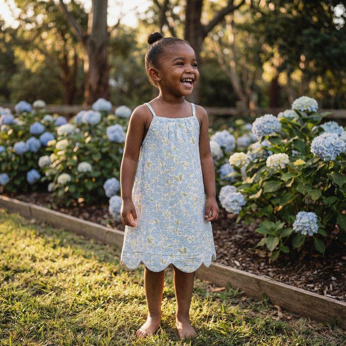 Petit Playa Organic Cotton Petal Dress in Hydrangea print, breathable organic cotton clothing for babies and girls — image 4