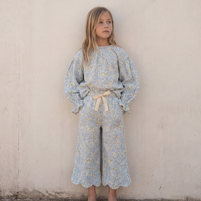 Petit Playa Organic Cotton Petal Pant in Hydrangea print, breathable organic cotton clothing for babies and girls