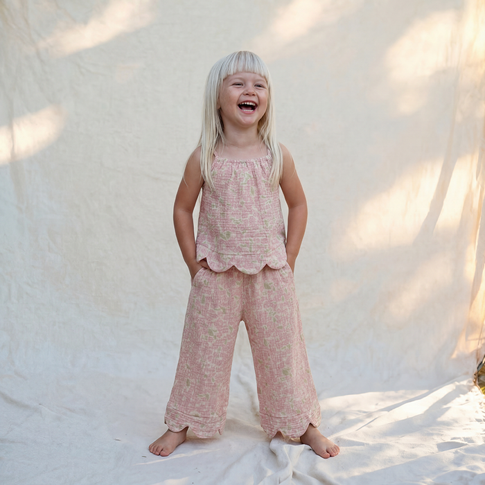 Petit Playa Organic Cotton Petal Pant in Peony print, breathable organic cotton clothing for babies and girls