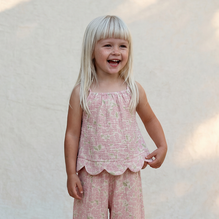 Petit Playa Organic Cotton Petal Top in Peony print, breathable organic cotton clothing for babies and girls