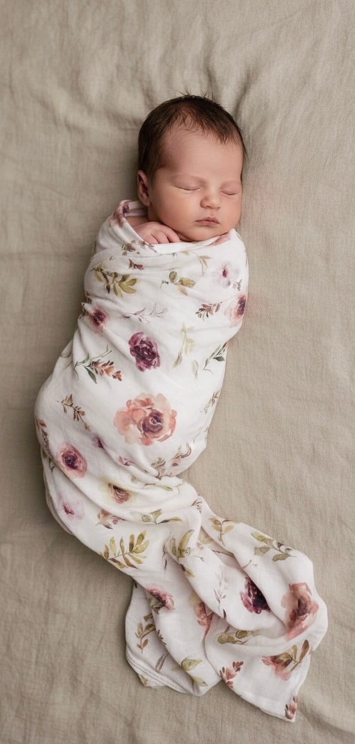 Organic cotton muslin swaddle wrap Secret Garden floral print