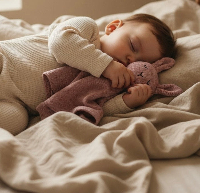 Child sleeping with a pink bunny comforter toy in a cozy setting