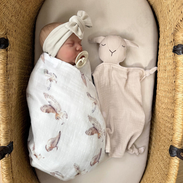Newborn baby swaddled in a moses basket with a neutral muslin lamb comforter