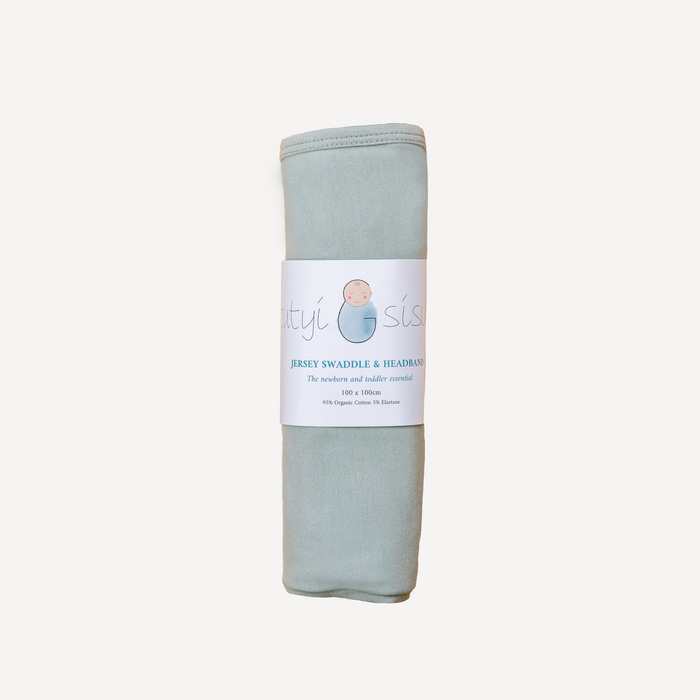 Organic jersey swaddle and beanie or topknot set in mineral for newborns