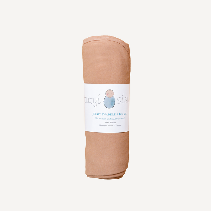 Organic jersey swaddle and beanie or topknot set in sand for newborns