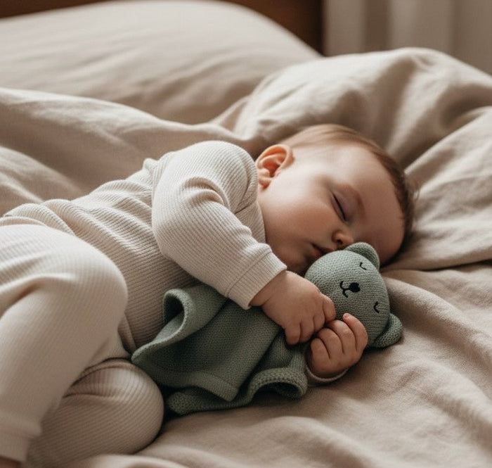 Baby sleeping on a bed with a green knit organic baby comforter