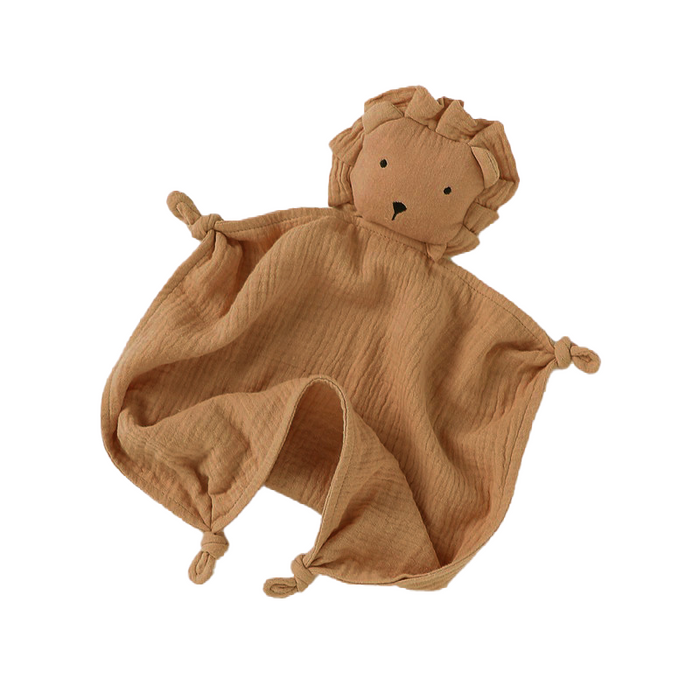 Organic muslin caramel Louie Lion baby and toddler comforter made from soft organic cotton