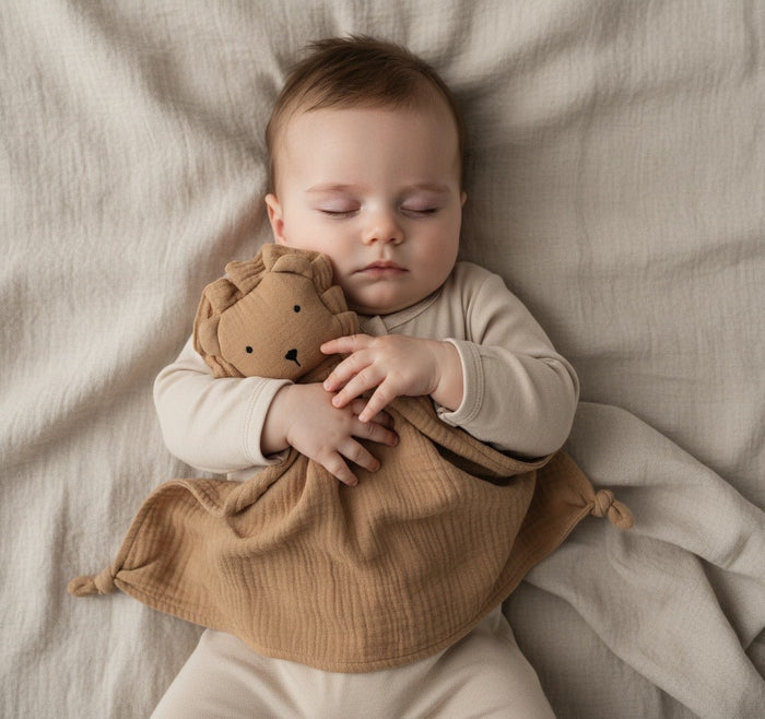 Baby sleeping peacefully with a brown lion muslin comforter
