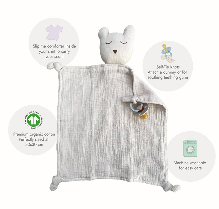 Baby comforter blanket with teddy bear design and pacifier holder. Info graph describing benefits of comforter.