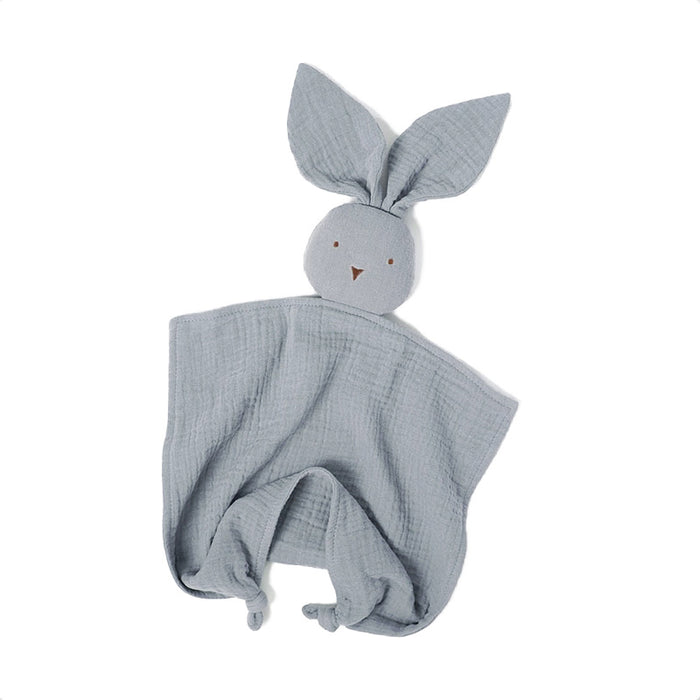 Organic muslin dusty blue bunny baby comforter made from soft organic cotton