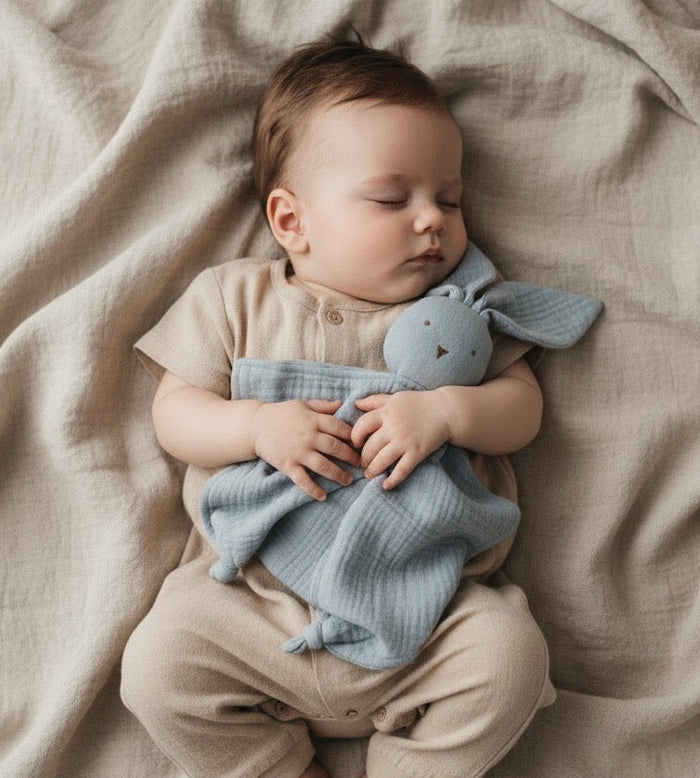 Baby sleeping on a beige blanket with a blue muslin bunny comforter plush toy