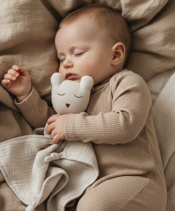 Baby holding a neutral bear muslin comforter plush toy, lying on soft beige blankets.