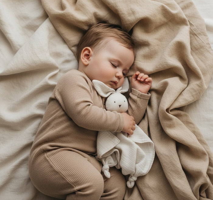 Baby in a beige outfit holding an organic muslin neutral bunny comforter plush toy, lying on beige bedding.