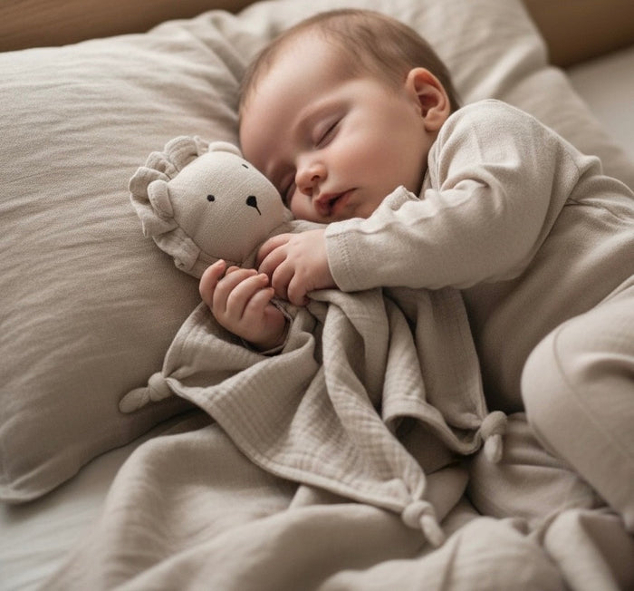 Baby sleeping with a neutral organic muslin lion comforter.