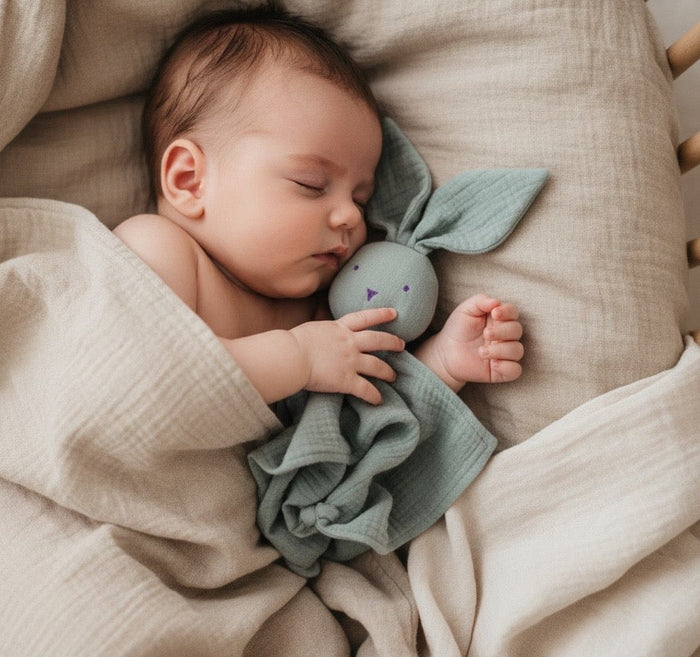 Baby sleeping with an organic muslin soft green bunny comforter toy in a cozy setting
