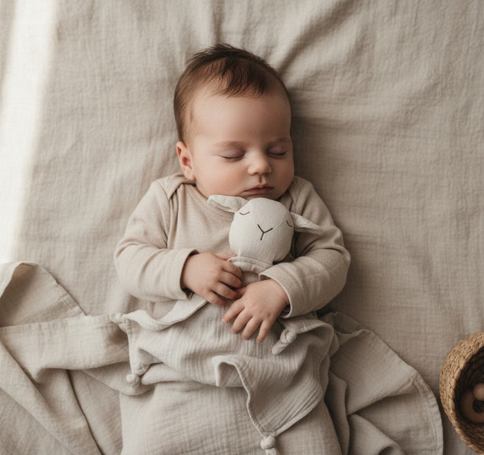 Baby sleeping with a neutral organic muslin lamb comforter toy on a textured blanket