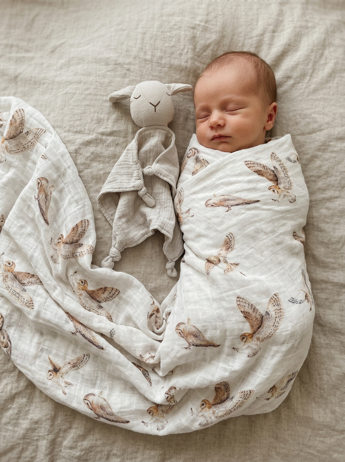 Newborn baby wrapped in a swaddle with bird pattern, next to a soft toy on a beige blanket.