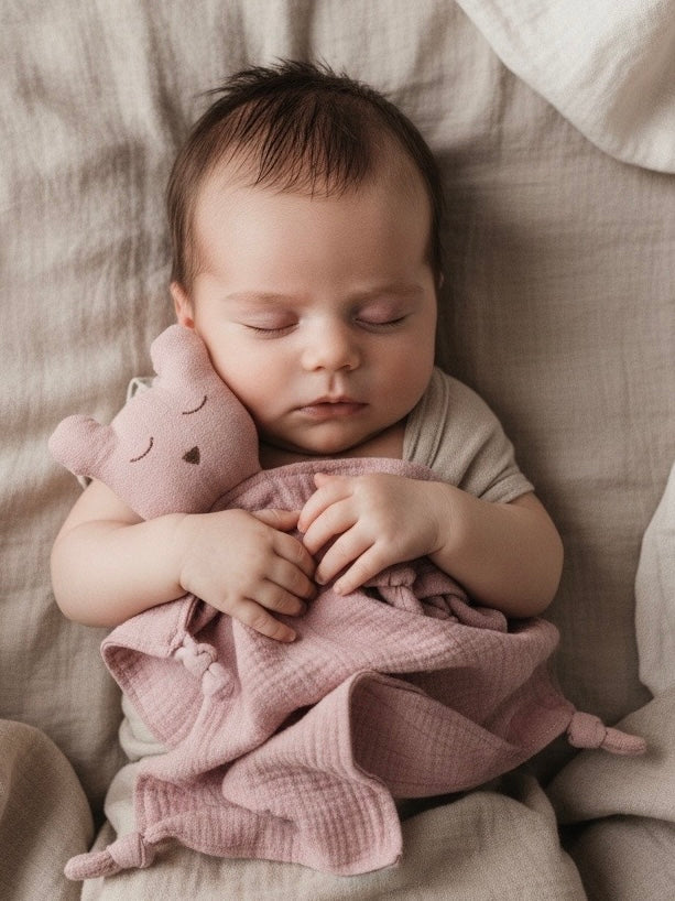 Baby sleeping with a pink muslin bear comforter toy and blanket on a soft surface