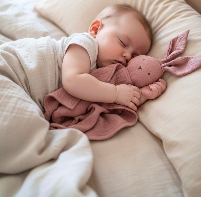 Baby sleeping with a pink bunny comforter toy on a beige blanket