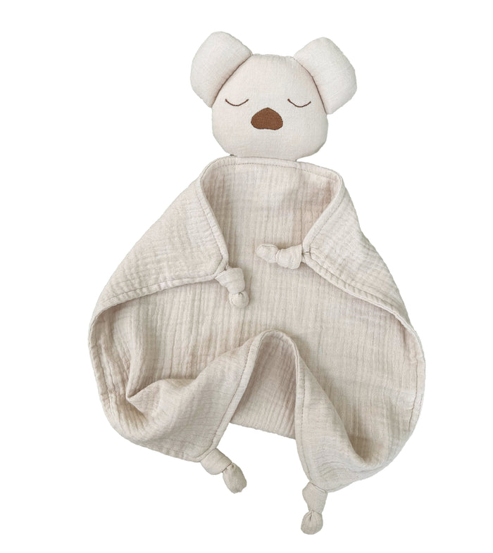 Organic muslin sleeping koala baby and toddler comforter made from soft organic cotton