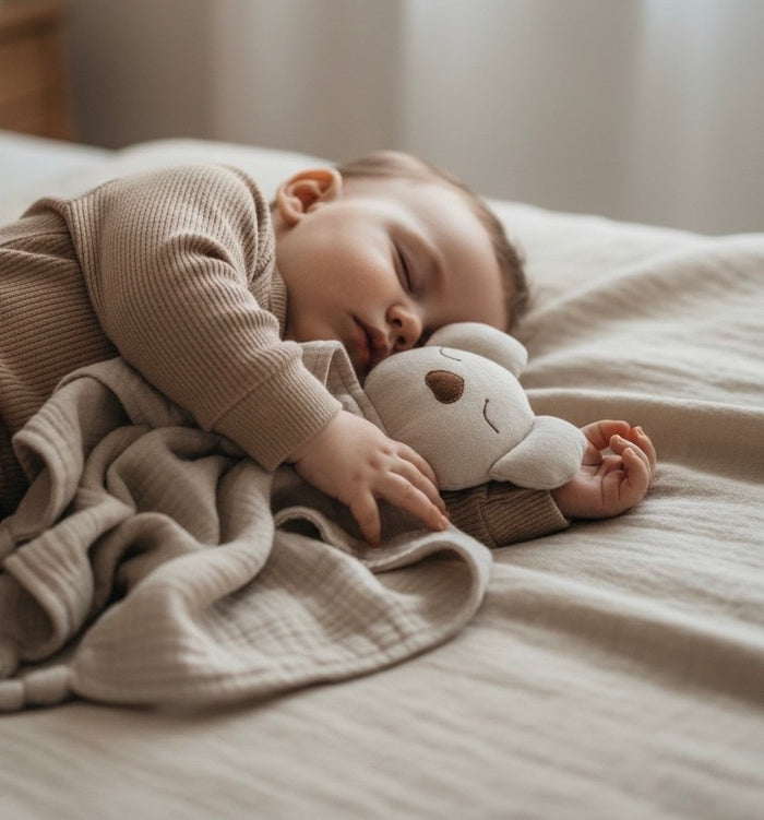 Baby sleeping with a muslin koala comforter soft toy on a bed