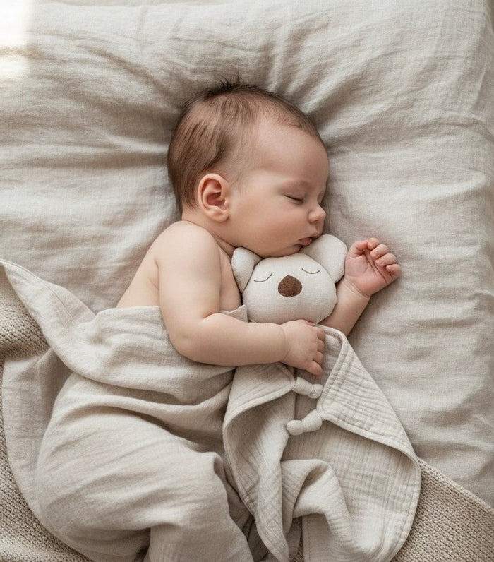 Baby sleeping with a organic koala comforter soft toy on a neutral background