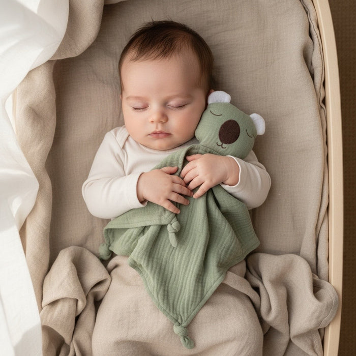 Baby sleeping in a cot with a green muslin wombat baby comforter soft toy