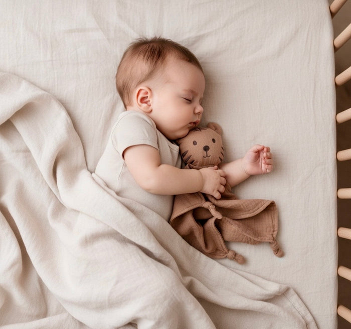 Baby sleeping with a organic tiger muslin comforter on a soft surface