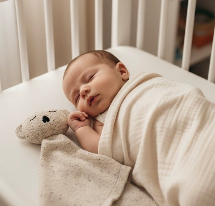 Newborn baby sleeping in a crib with Tutyi & Sisu organic cotton koala comforter in speckled oat