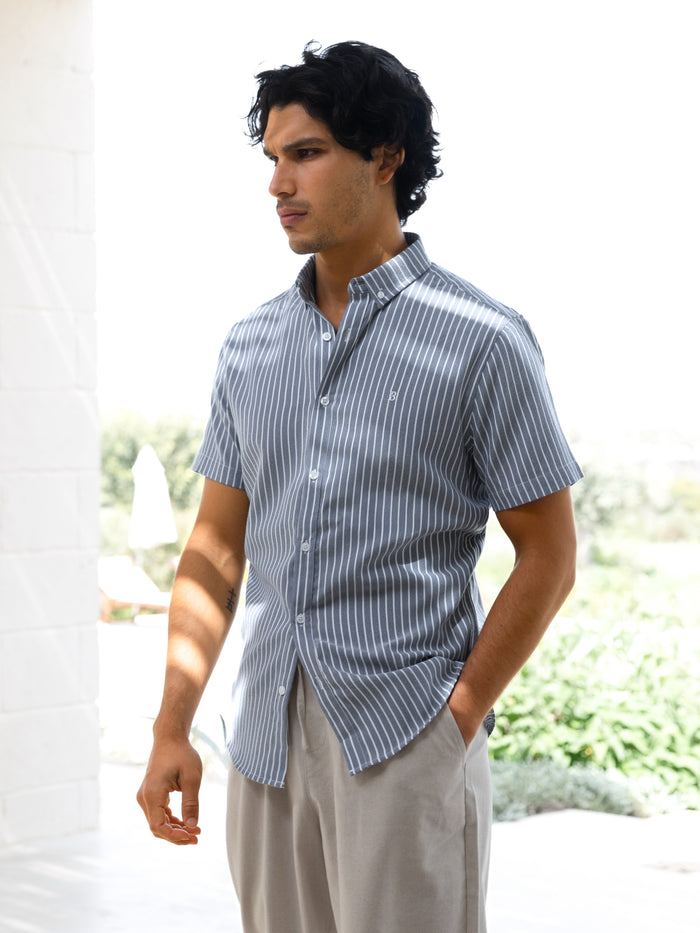Oskar Short Sleeve Stripe Shirt - Navy