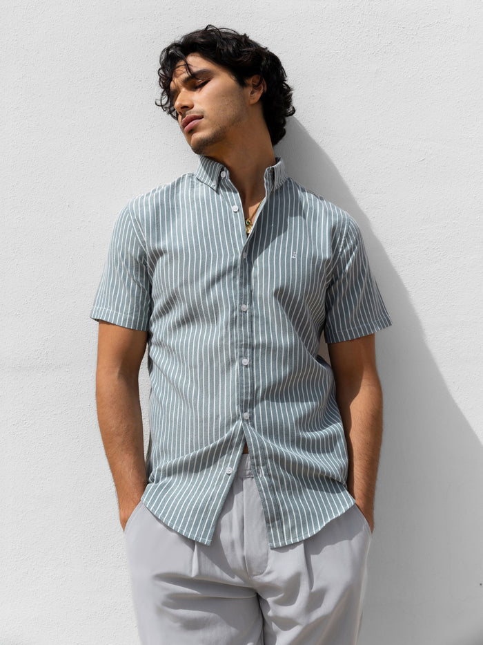 Oskar Short Sleeve Stripe Shirt - Washed Teal