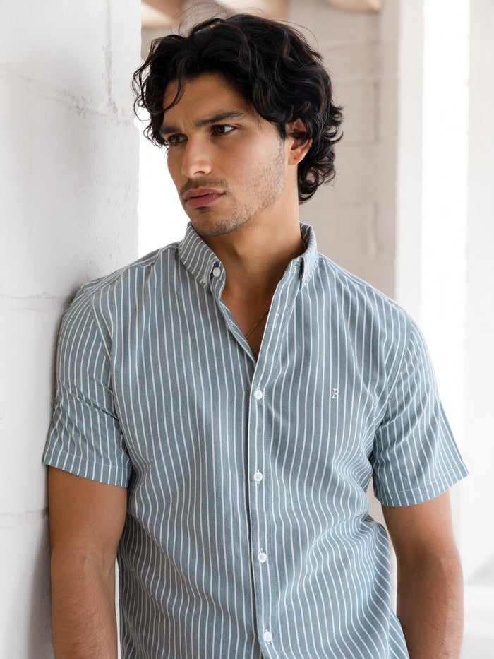 Oskar Short Sleeve Stripe Shirt - Washed Teal