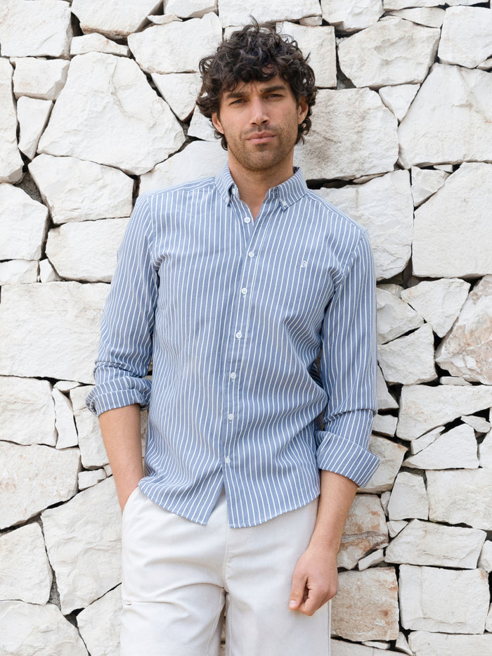 Oskar Stripe Long Sleeve Shirt - Navy
