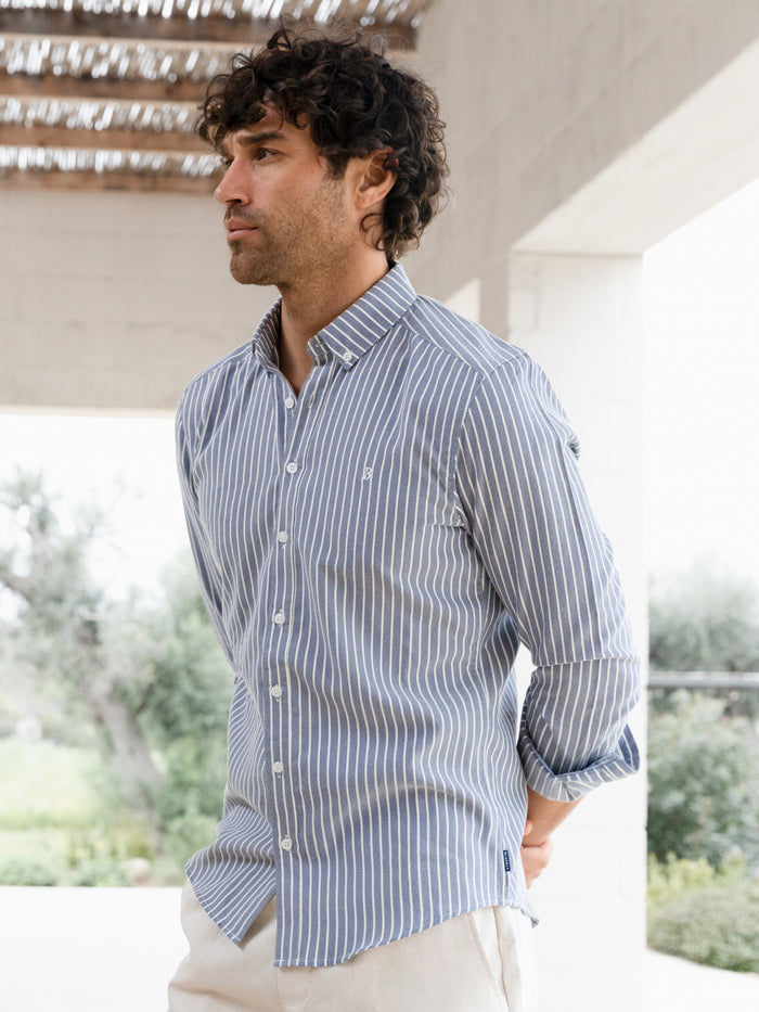 Oskar Stripe Long Sleeve Shirt - Navy