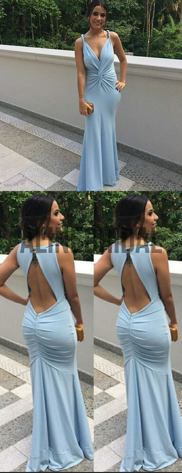 Pale Blue Jersey Open Back Mermaid Bridesmaid Dresses, AB4013