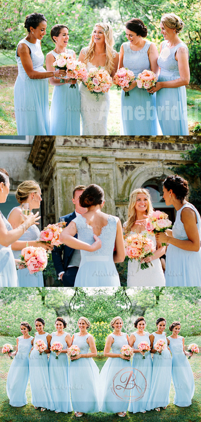 Pale Blue Lace Top Pleating Chiffon Scoop Neck Wedding Party Long A-line Bridesmaid Dresses . AB1189