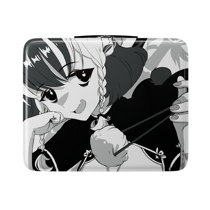 Black metal lunch box with anime girl illustration on lid and white Japanese characters on side.
