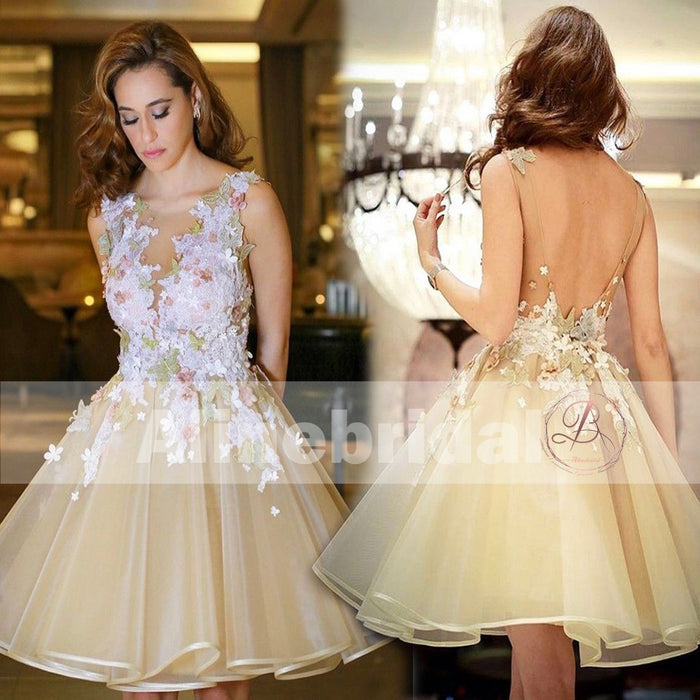 Pastel Floral Appliques Backless A-line Yellow Homecoming Dress, BD00226