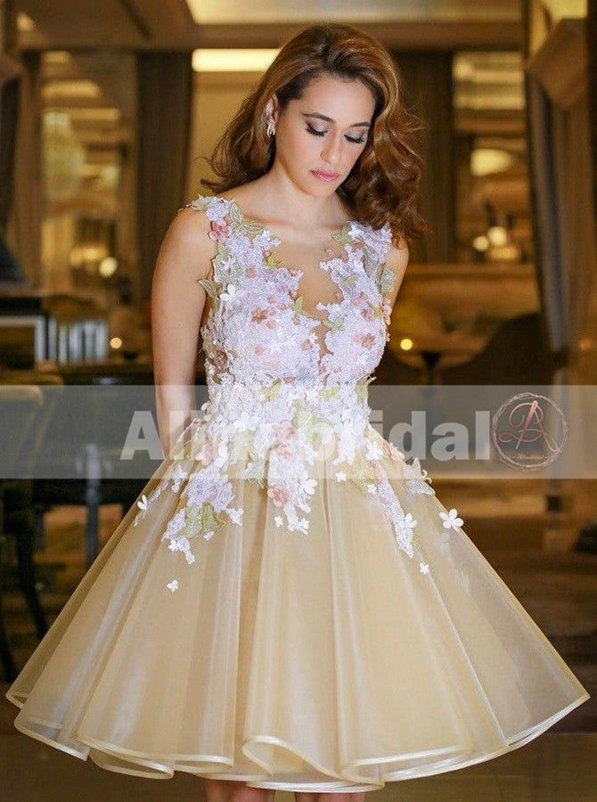 Pastel Floral Appliques Backless A-line Yellow Homecoming Dress, BD00226