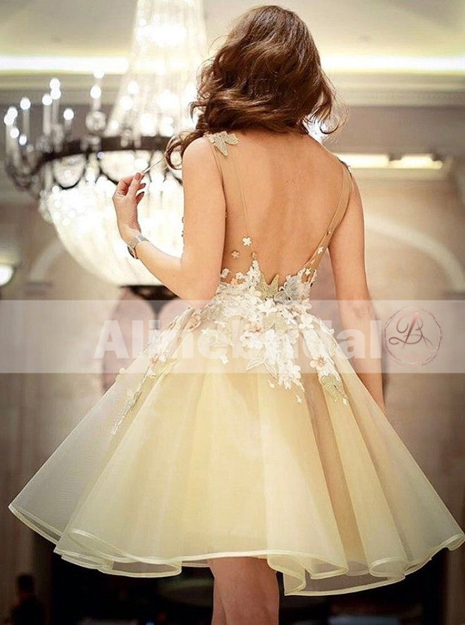Pastel Floral Appliques Backless A-line Yellow Homecoming Dress, BD00226