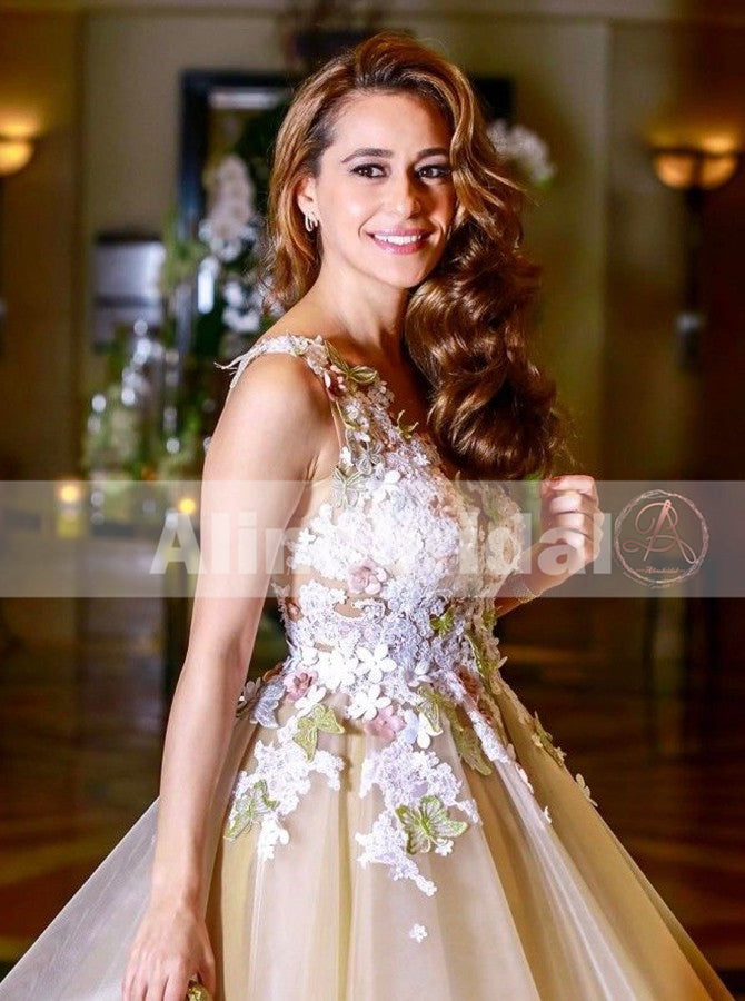 Pastel Floral Appliques Backless A-line Yellow Homecoming Dress, BD00226
