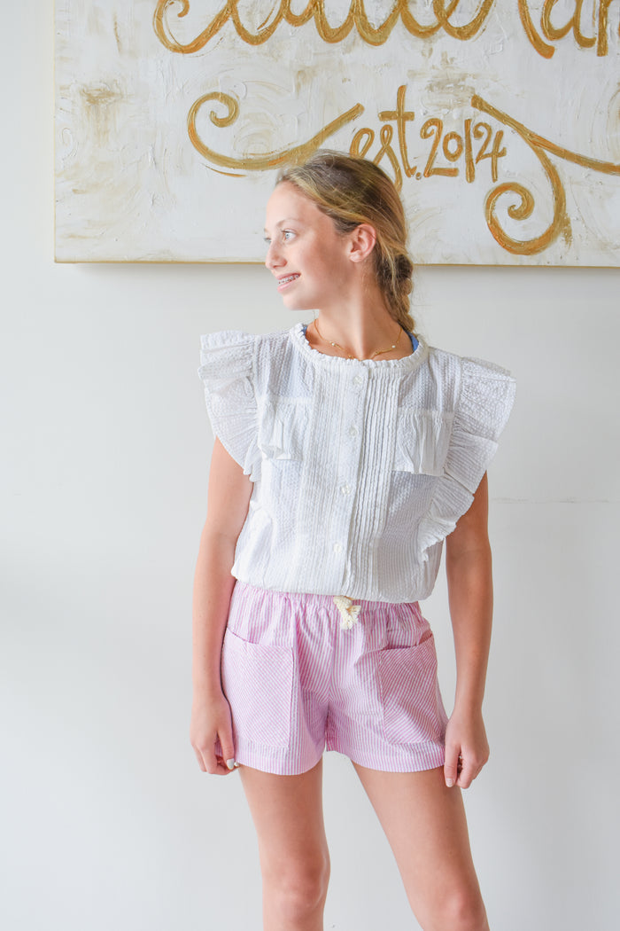 Patch Pocket Shorts-Pink Sparkle Seersucker