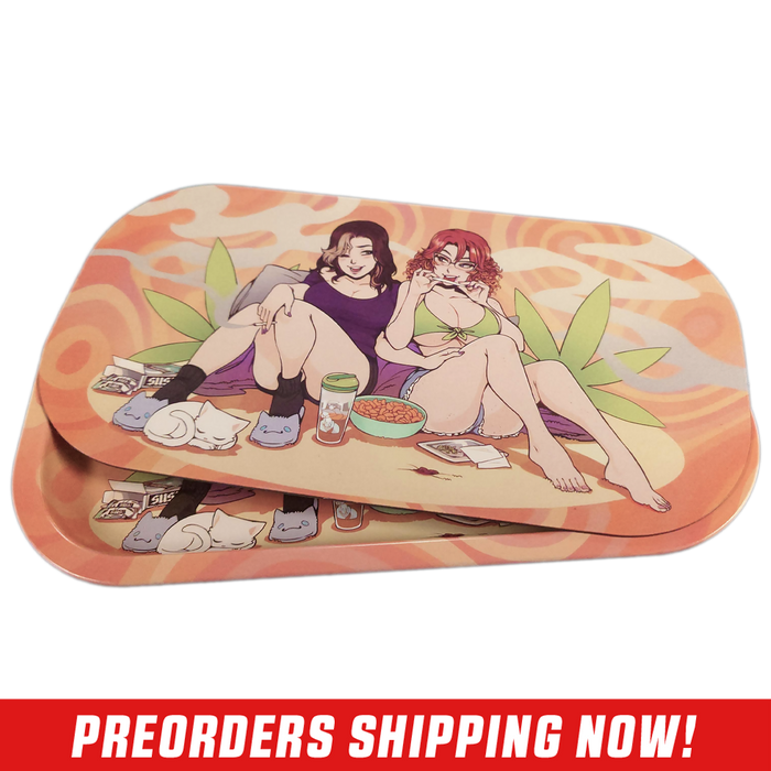 Rectangular tray with orange swirls featuring two women lounging with snacks and green leaf shapes behind them.