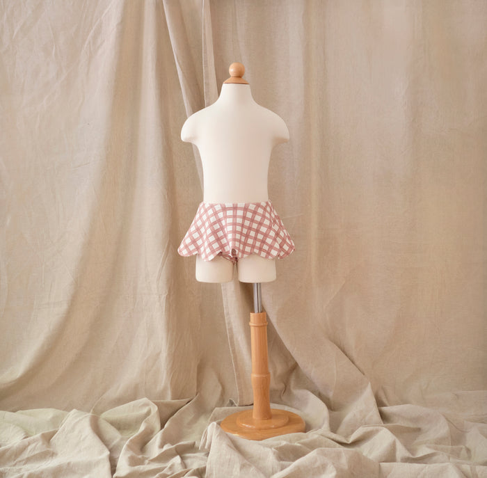 Petit Playa Petal Bikini Skirt in Gingham print, sun-safe UPF50+ swimwear for babies and girls