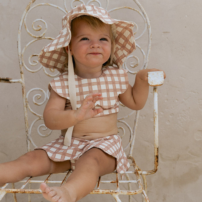 Petit Playa Petal Bikini Top in Gingham print, sun-safe UPF50+ swimwear for babies and girls
