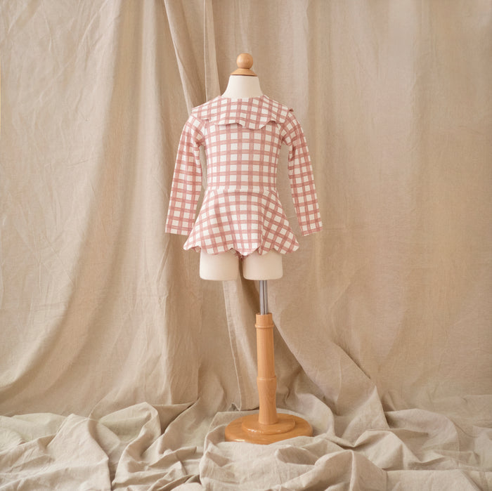 Petit Playa Petal Long Sleeve Swim Dress in Gingham print, sun-safe UPF50+ swimwear for babies and girls — image 2