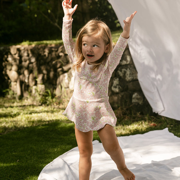 Petit Playa Petal Long Sleeve Swim Dress in Peony print, sun-safe UPF50+ swimwear for babies and girls — image 2